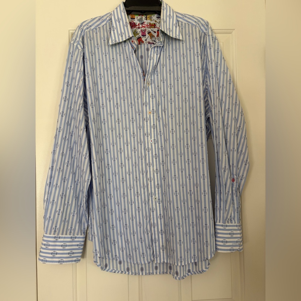 Robert Graham Light Blue & White Striped Button-Down with Colorful Inner Print